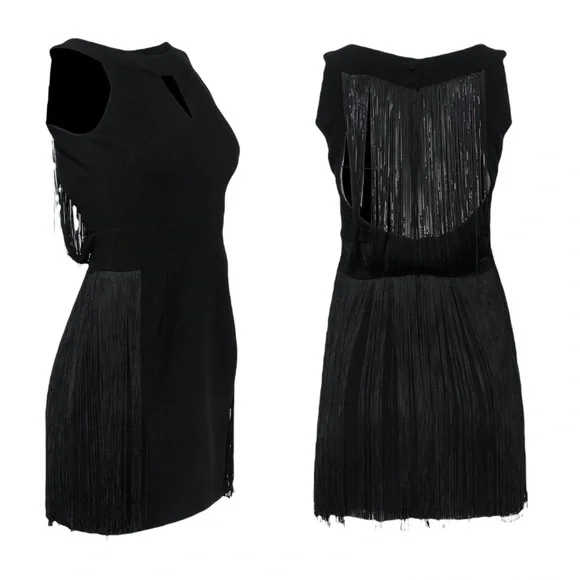 NANETTE LEPORE black fringe back mini dress 8 - Picture 1 of 6